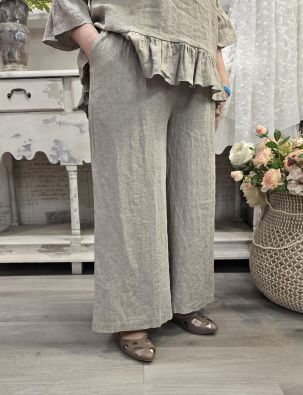 THING pellavahousut 7230 Natural leveät lahkeet joustava vyötärö sivutaskut