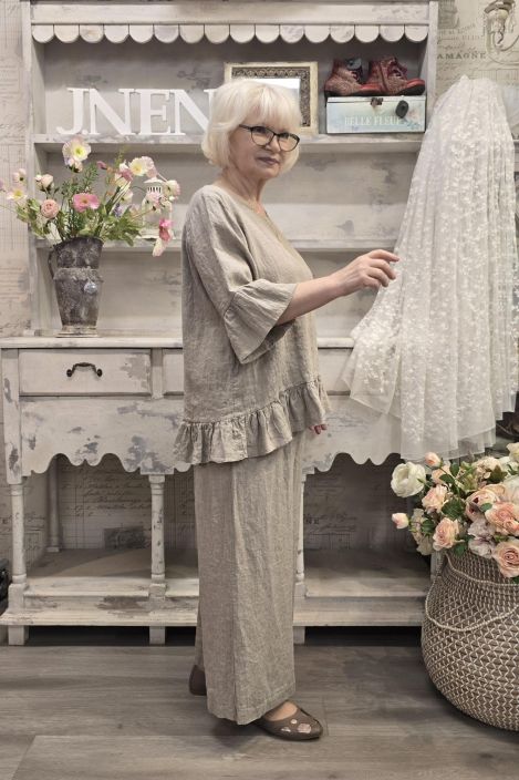 THING pellavahousut 7230 Natural leveät lahkeet joustava vyötärö sivutaskut tuotekuva 2