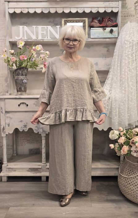 THING pellavahousut 7230 Natural leveät lahkeet joustava vyötärö sivutaskut tuotekuva 1