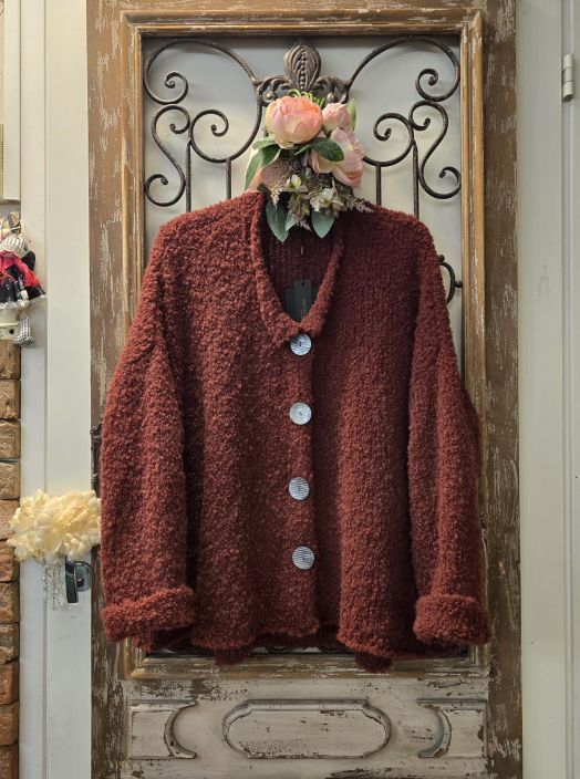 Grizas buklee neulejakku 6668 Terracotta ihana teddykangasmainen kudos KASINTEHTY Ihana kasintyona valmistettu Grizas buklee