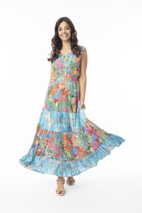 Orientique mekko 30176 Malvinas hihaton malli kauniilla kuosilla ja resorivyötäröllä tuotekuva 1