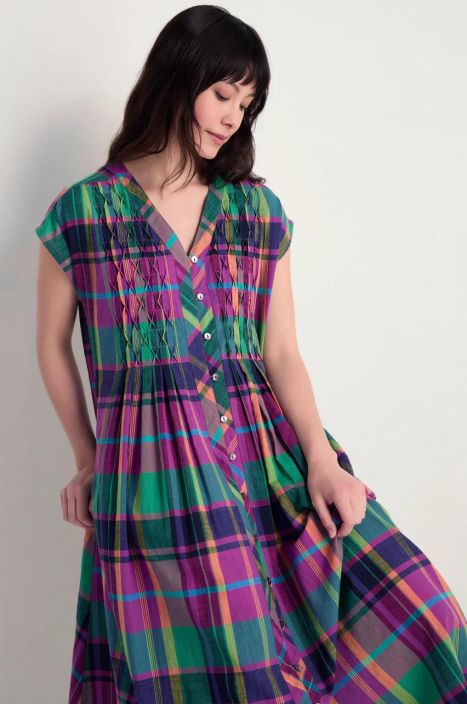 Sahara mekko GRD6814 Madras Coloured Check värikäs ruutukuosi yksityiskohdilla tuotekuva 2