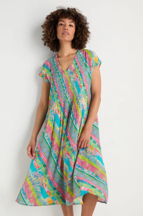 Sahara mekko GRD5687 Archival Stripe Pleated pirteä kuosi pehmeä viskoosi tuotekuva 1