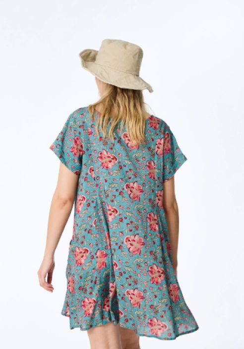 Himalaya tunika Ilka Vintage Flower Blue värikäs graafinen painatus ja laskostetut yksityiskohdat tuotekuva 4