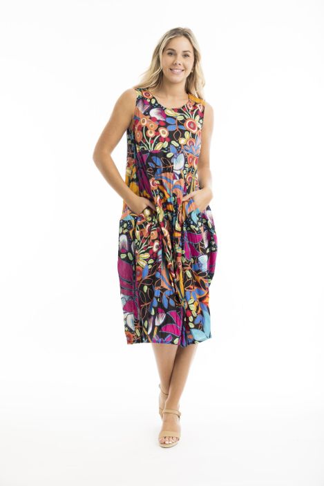 Orientique mekko 61675 Copacabana mustalla pohjalla kasvillinen kuosi tuotekuva 2
