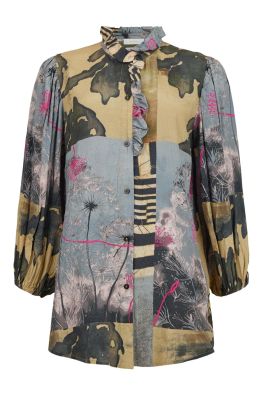 NOEN paita 86240 upea syksyinen kuosi ja romanttiset frillat