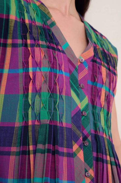 Sahara mekko GRD6814 Madras Coloured Check värikäs ruutukuosi yksityiskohdilla tuotekuva 3