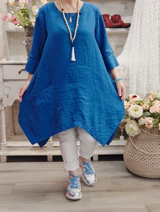 Grizas pellavatunika 5134 Sininen uniikki epätasainen helma todella pehmeä tuotekuva 1