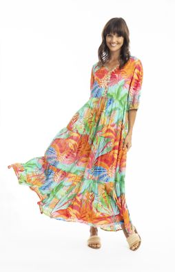 ESCAPE Escape pitkä mekko Alisa 30089 Värikkäät trooppiset lehdet