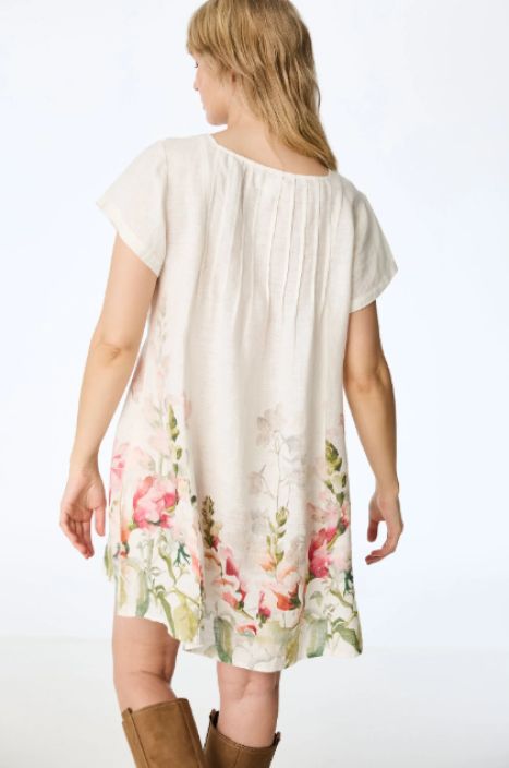 Himalaya mekko Illa Valkoinen kukkakuosillinen vesivärikuvio ja laskokset tuotekuva 1