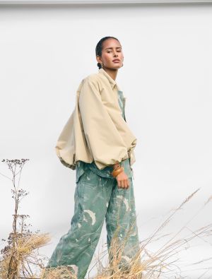 NOEN NOEN housut 81442 Kaunis vihreä päälle ommeltu kuosi kiiltävästä langasta