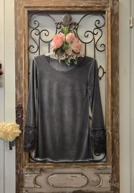 MARTA DU CHÂTEAU Marta du Château Harmaa paita pitsi hihojensuilla kaunis aluspaita joustavasta viskoosista