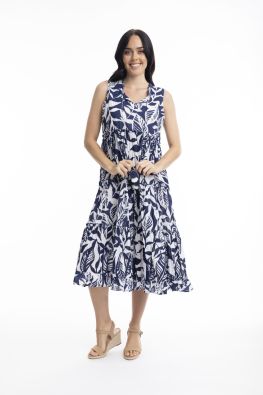 Orientique mekko 40060 Hayman navy tummansininen kaunis lehtikuosi