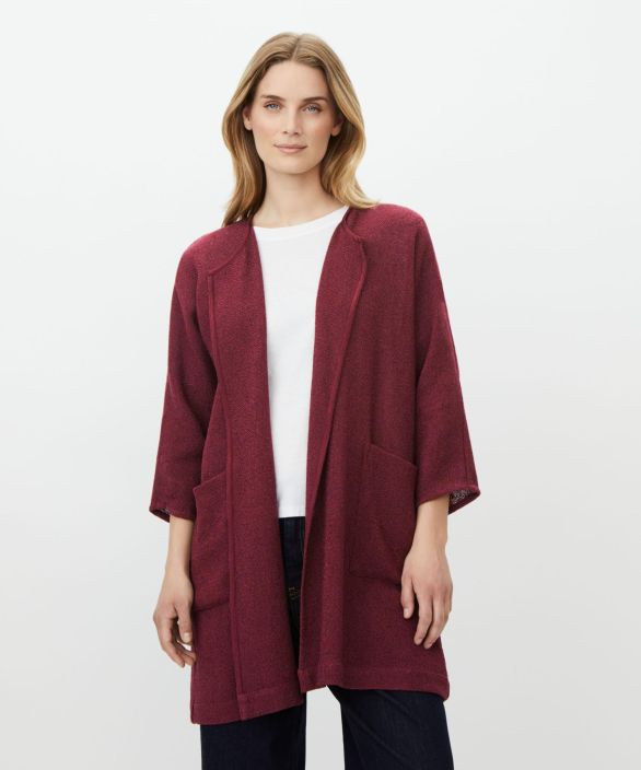 MASAI neulejakku Jarmis Fig viininpunainen ylellinen kulmakivi Avoin boucle-takki, jossa on 3/4 hihat ja paikkataskut MASAI neulejakku Jarmis Fig viininpunainen ylellinen kulmakivi Avoin boucle-takki, jossa on 3/4 hihat ja paikkataskut