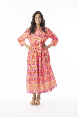 Orientique mekko 10077 Montevideo Pink näyttävä malli upealla kuosilla