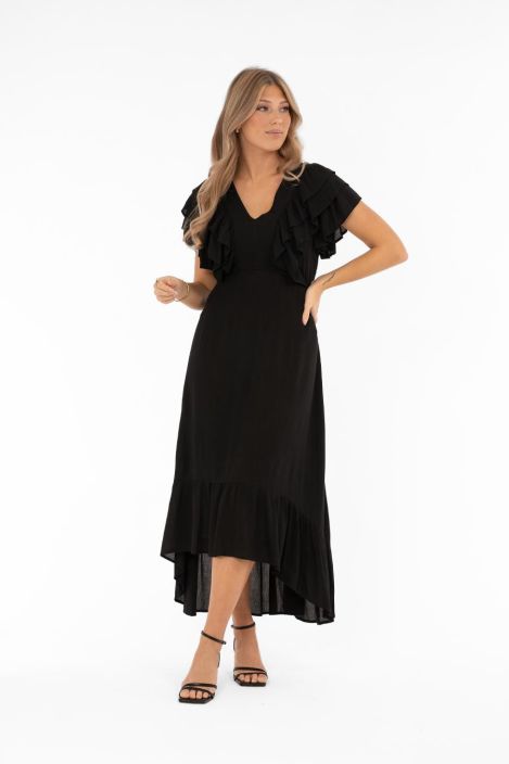 Capri Collection mekko Empire Musta tyylikas viskoosi royheloilla Kaunis ja naisellinen mekko, jossa on kaksi kerrosta Capri Collection mekko Empire Musta tyylikas viskoosi royheloilla Kaunis ja naisellinen mekko, jossa on kaksi kerrosta