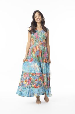 ORIENTIQUE Orientique mekko 30176 Malvinas hihaton malli kauniilla kuosilla ja resorivyötäröllä