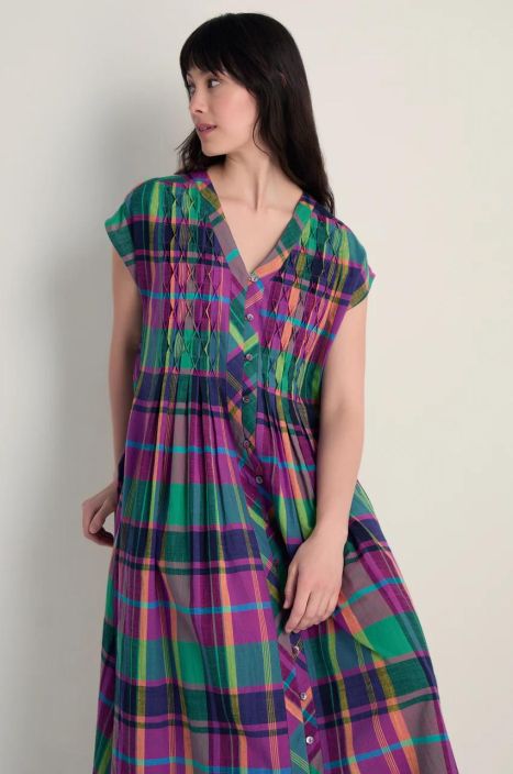 Sahara mekko GRD6814 Madras Coloured Check värikäs ruutukuosi yksityiskohdilla tuotekuva 4