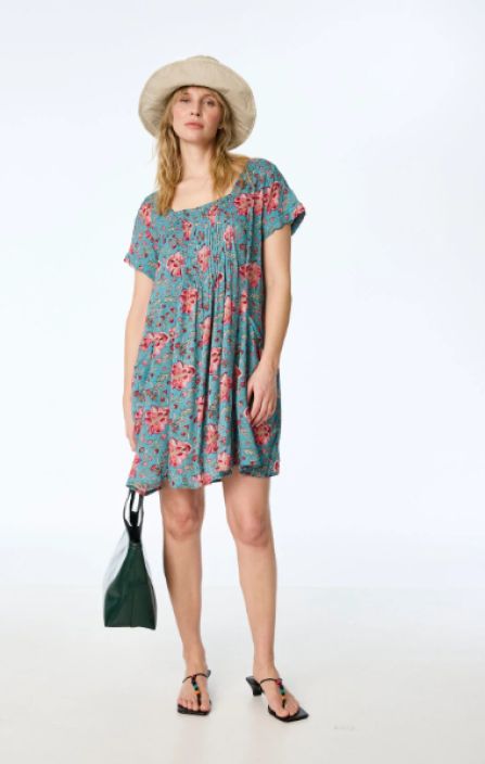 Himalaya tunika Ilka Vintage Flower Blue värikäs graafinen painatus ja laskostetut yksityiskohdat tuotekuva 1