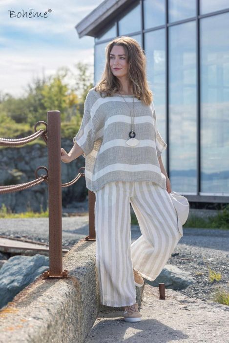 Boheme pellavahousut 12938 Sand beige tyylikkäät raidalliset tuotekuva 1